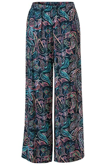 Weite Hose in Dunkelgrün mit mehrfarbigem Paisleymuster, elastischer Bund, lange Beine, gerade geschnitten