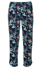 Dunkelblaue lange Hose mit floralem Muster in Hellblau, Rot und Weiß, geradem Schnitt, elastischem Bund, seitliche Nahttaschen