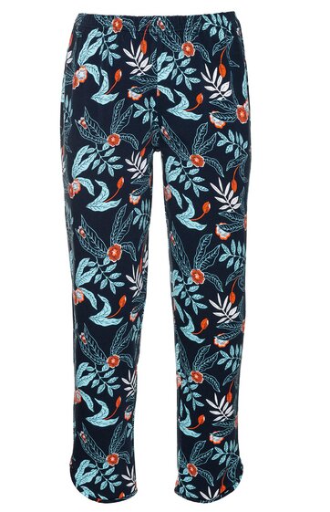 Dunkelblaue lange Hose mit floralem Muster in Hellblau, Rot und Weiß, geradem Schnitt, elastischem Bund, seitliche Nahttaschen