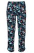 Dunkelblaue lange Hose mit floralem Muster in Hellblau, Rot und Weiß, geradem Schnitt, elastischem Bund, seitliche Nahttaschen