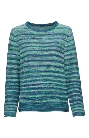Langärmliger Pullover in Blau- und Grüntönen, horizontal gestreift, Rundhalsausschnitt, gerade geschnitten, ohne weitere Verzierungen