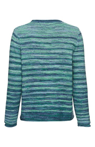 Langärmliger Pullover in Grün- und Blautönen mit horizontalem Streifenmuster, Rundhalsausschnitt, gerade geschnitten, Rückansicht