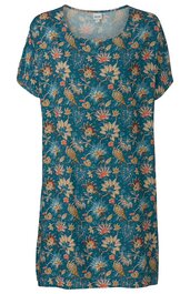 Blaugrünes Kurzarmshirt mit allover Blumenmuster in Beige und Orange, Rundhalsausschnitt, lockere Form