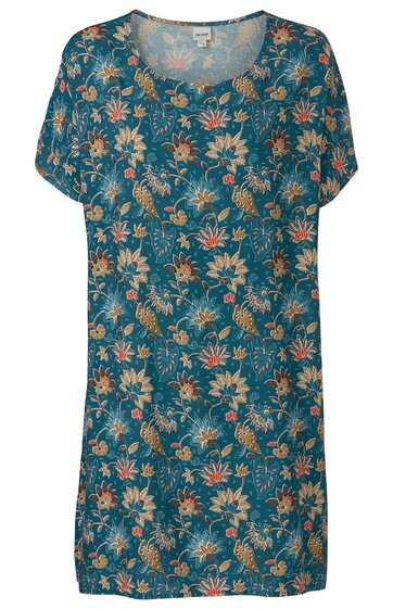 Blaugrünes Kurzarmshirt mit allover Blumenmuster in Beige und Orange, Rundhalsausschnitt, lockere Form