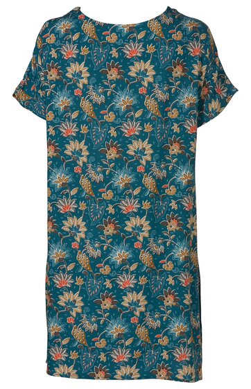 Kurzes Kleid in petrolblau mit orange-weißen Blumenmuster, Rundhalsausschnitt, kurze Ärmel mit Umschlag, gerade geschnitten