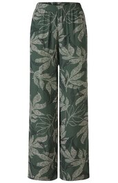 Weite Hose in dunkelgrün mit großflächigem, cremefarbenem Blattmuster, elastischer Bund, gerade geschnitten, lang