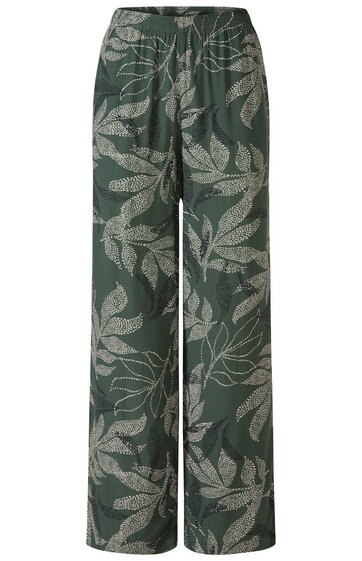 Weite Hose in dunkelgrün mit großflächigem, cremefarbenem Blattmuster, elastischer Bund, gerade geschnitten, lang