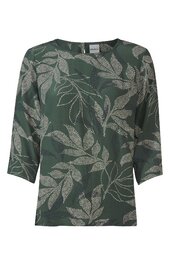 Dunkelgrünes Damenshirt mit weißem Blättermuster, Rundhalsausschnitt, 3/4-ärmel, gerade Passform