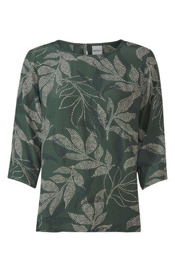 Dunkelgrünes Damenshirt mit weißem Blättermuster, Rundhalsausschnitt, 3/4-ärmel, gerade Passform