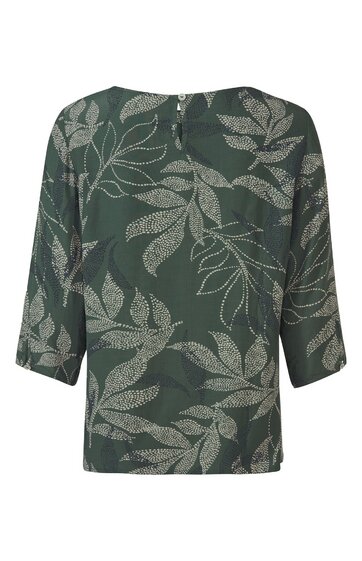 Damenbluse dunkelgrün mit großem beige Blattmuster, 3/4-lange Ärmel, Rundhals, lockere Passform, Rückseite glatt ohne sichtbare Verschlüsse