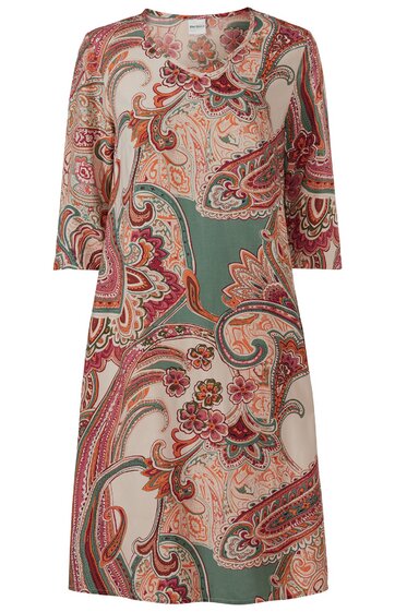 Kleid in Beige mit Paisley-Muster in Rot, Grün und Braun, Rundhalsausschnitt, 3/4-lange Ärmel, knielang, gerade geschnitten