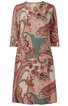 Kleid in Beige mit Paisley-Muster in Rot, Grün und Braun, Rundhalsausschnitt, 3/4-lange Ärmel, knielang, gerade geschnitten