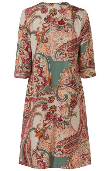Kleid in Salbeigrün und Creme mit Paisley-Muster in Rot und Braun, halblange Ärmel, Rundhalsausschnitt, knieumspielende Länge, gerade Form