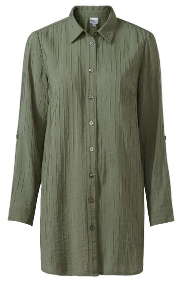 Olivgrünes Hemdblusenkleid mit langem Arm, durchgehende Knopfleiste vorne, Hemdkragen, gerade geschnitten, strukturierter Stoff