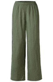 Hose in Olivgrün, glatt strukturiert, elastischer Bund, lange gerade Beine, ohne Muster oder zusätzliche Details