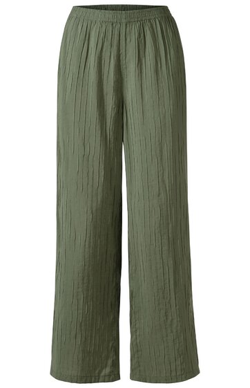 Hose in Olivgrün, glatt strukturiert, elastischer Bund, lange gerade Beine, ohne Muster oder zusätzliche Details