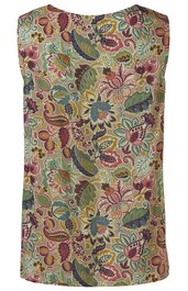 Ärmelloses Oberteil in Beige mit buntem Blumen- und Blättermuster in Grün, Blau, Rot, Lila, Rundhalsausschnitt, gerade geschnitten