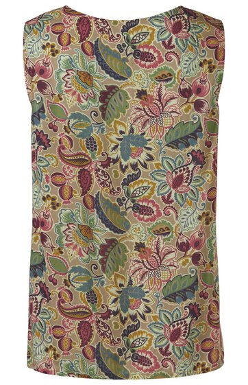 Ärmelloses Oberteil in Beige mit buntem Blumen- und Blättermuster in Grün, Blau, Rot, Lila, Rundhalsausschnitt, gerade geschnitten