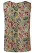 Ärmelloses Oberteil in Beige mit buntem Blumen- und Blättermuster in Grün, Blau, Rot, Lila, Rundhalsausschnitt, gerade geschnitten