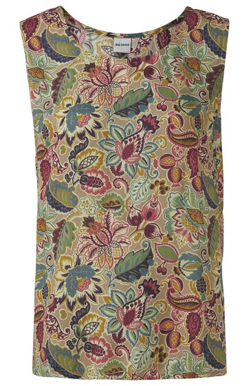 Ärmellose Bluse in hellgrün mit bunter floralem Muster in Rot, Blau, Gelb und Grün, Rundhalsausschnitt, gerade geschnitten