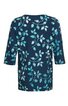 Dunkelblaues Oberteil mit dreiviertel Ärmeln, hellblaue Blattmuster, rundhalsausschnitt, gerade geschnitten, keine sichtbaren Verschlüsse