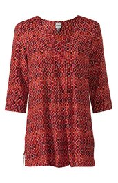 Rotes Damenoberteil mit schwarzem und orangefarbenem Rautenmuster, Rundhalsausschnitt mit Bindeband, halblange Ärmel, lockere Passform