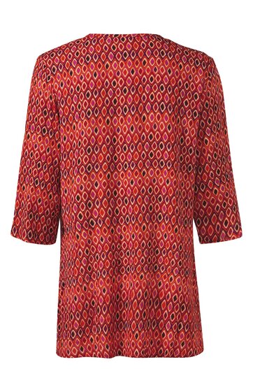 Rotes Damenoberteil mit elliptischem Punktmuster in Schwarz und Weiß, rundhalsig, halblange Ärmel, gerade geschnitten