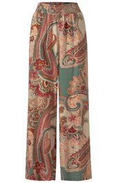 Hose mit weitem Bein, beige Grundfarbe, Paisley-Muster in Rot, Grün und Braun, elastischer Bund, lange Länge