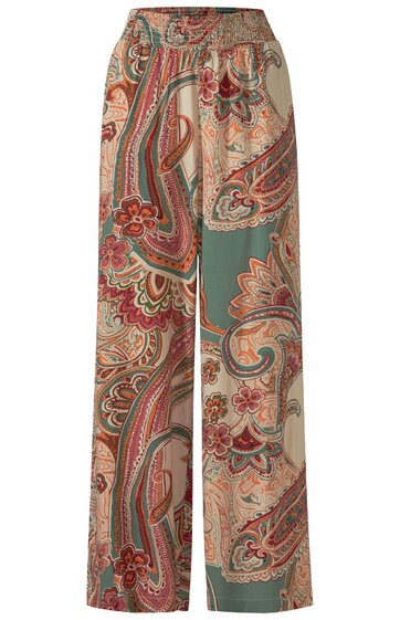 Hose mit weitem Bein, beige Grundfarbe, Paisley-Muster in Rot, Grün und Braun, elastischer Bund, lange Länge