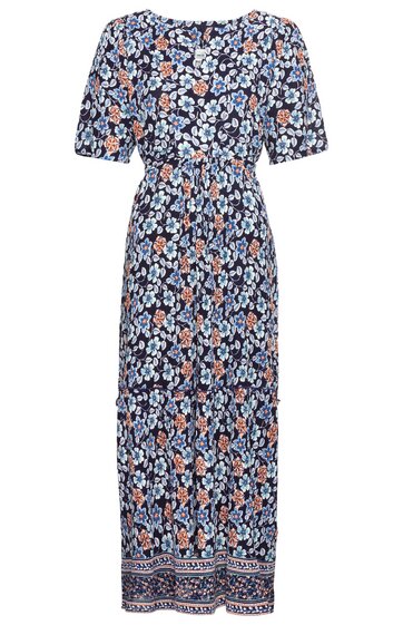 Maxikleid in Dunkelblau mit ganzflächigem Blumenmuster in Hellblau und Rostorange, Rundhals, kurze Puffärmel, taillierter Schnitt mit Tunnelzug, knöchellang, Bordüre am Saum