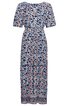 Maxikleid in Dunkelblau mit ganzflächigem Blumenmuster in Hellblau und Rostorange, Rundhals, kurze Puffärmel, taillierter Schnitt mit Tunnelzug, knöchellang, Bordüre am Saum
