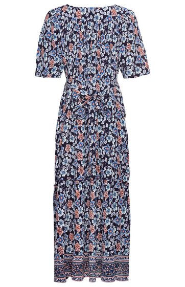 Maxikleid in Dunkelblau mit floralem Muster in Hellblau und Rosa, kurze Puffärmel, Rundhalsausschnitt, taillierter Schnitt mit Bindegürtel, langer Rock mit gestreiftem Muster am Saum