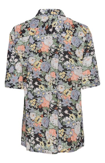 Damenbluse in Schwarz mit buntem Blumenmuster, halbärmlig, Hemdkragen, gerade geschnitten, lockere Passform, ohne sichtbare Verschlüsse