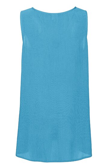 Ärmelloses, hellblaues Kleid, schlichtes Design, rundhalsausschnitt, gerade geschnitten, knielang