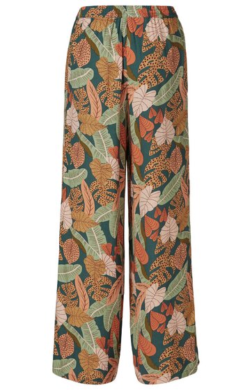 Weite Hose in Dunkelgrün mit großflächigem Blätter- und Blumenmuster in Beige, Orange, Hellgrün, hoher elastischer Bund, gerade geschnitten