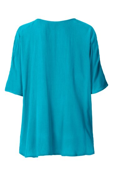 Türkisfarbene Bluse ohne Muster, Rundhalsausschnitt, halbarm, gerade geschnitten, Rückansicht