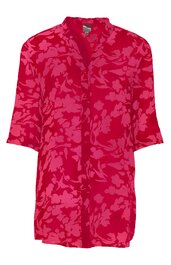 Rote Bluse mit floralem Muster in Pink, Stehkragen, Knopfleiste vorn, lange Ärmel mit Umschlag, locker geschnitten