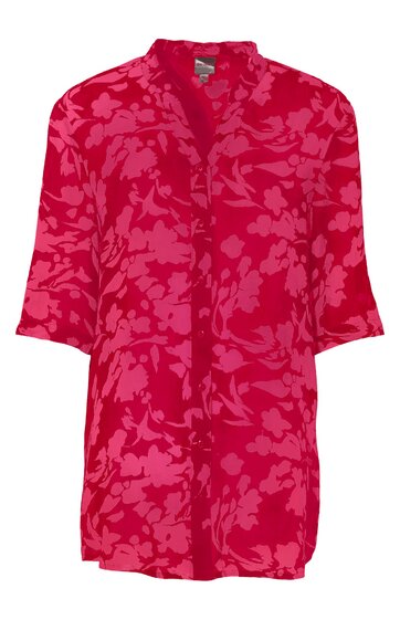Rote Bluse mit floralem Muster in Pink, Stehkragen, Knopfleiste vorn, lange Ärmel mit Umschlag, locker geschnitten