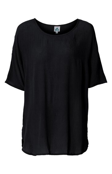 Schwarzes weit geschnittenes Damenoberteil, kurzärmlig mit rundem Ausschnitt, gerade geschnitten, locker fallend, ohne Muster oder Verzierungen