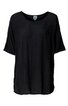 Schwarzes weit geschnittenes Damenoberteil, kurzärmlig mit rundem Ausschnitt, gerade geschnitten, locker fallend, ohne Muster oder Verzierungen