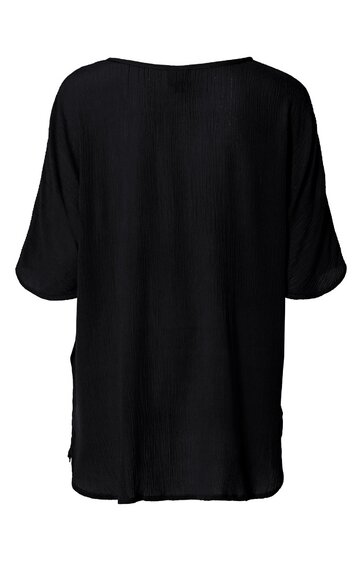 Schwarzes kurzärmeliges Oberteil, lockere Passform, rundhalsausschnitt, hinten länger geschnitten, ohne Muster, glatter Stoff