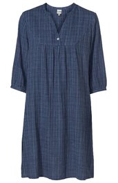 Dunkelblaues Kleid mit feinem Karo-Muster, halblange Ärmel, V-Ausschnitt mit Knopfleiste, geraffte Brustpartie, locker geschnitten