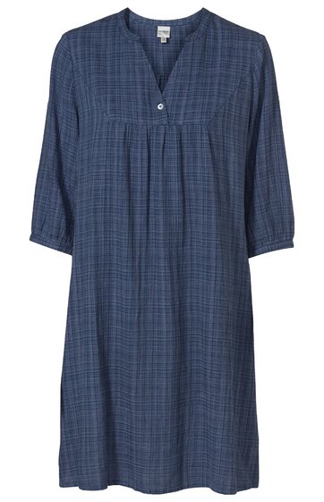 Dunkelblaues Kleid mit feinem Karo-Muster, halblange Ärmel, V-Ausschnitt mit Knopfleiste, geraffte Brustpartie, locker geschnitten