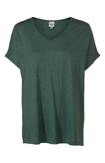 Damen-T-Shirt in dunkelgrün, einfarbig, kurzer überschnittener Ärmel, V-Ausschnitt, lockere Passform, ohne sichtbare Verzierungen