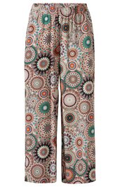 Weite Hose mit elastischem Bund, cremefarbener Grundton, bunte Mandala-Muster in Türkis, Orange, Braun und Schwarz, gerade geschnitten, knöchellang