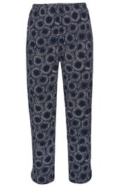 Locker geschnittene lange Hose in Dunkelblau mit weißem Kreismuster, elastischer Bund, gerade geschnitten