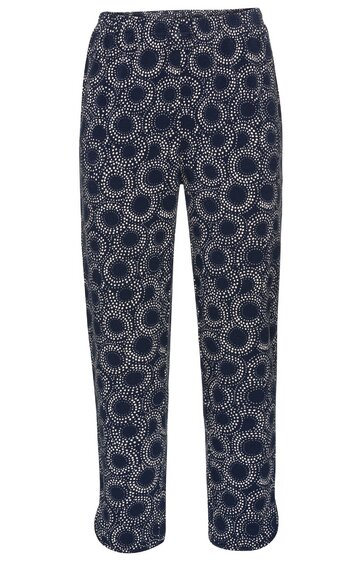 Locker geschnittene lange Hose in Dunkelblau mit weißem Kreismuster, elastischer Bund, gerade geschnitten