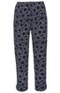 Locker geschnittene lange Hose in Dunkelblau mit weißem Kreismuster, elastischer Bund, gerade geschnitten