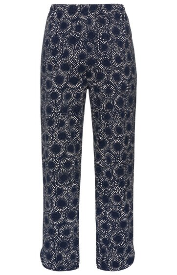 Hose in dunkelblau mit weißem, kreisförmigem Muster, gerader Schnitt, elastischer Bund