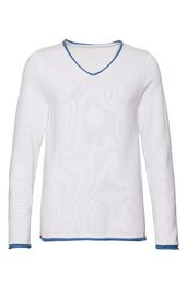 Langärmliges Hemd weiß mit V-Ausschnitt, blaue Naht am Ausschnitt, am Saum und an den Ärmeln, gerade geschnitten